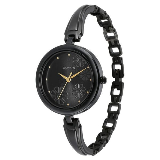 Sonata 8166NM01 Utsav Quartz Analog Black Dial Black Metal Strap Watch for Women