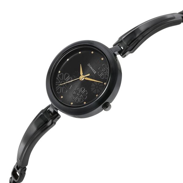 Sonata 8166NM01 Utsav Quartz Analog Black Dial Black Metal Strap Watch for Women