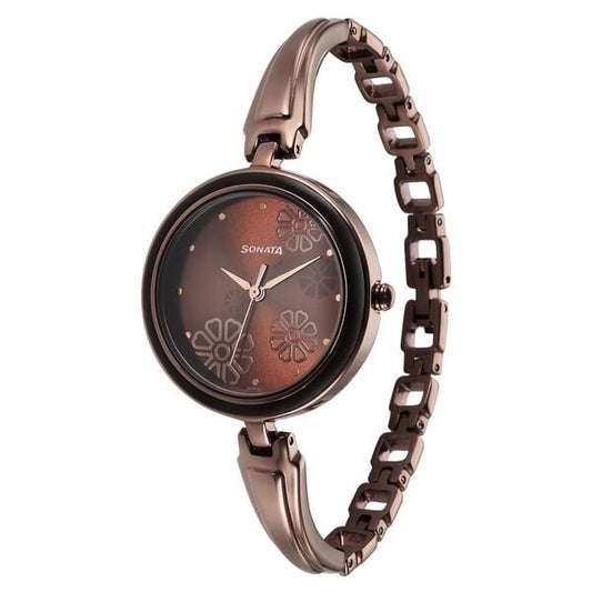 Sonata 8166QM01 Analog Quartz Women Watch with Brown Dial & Brown Metal Strap