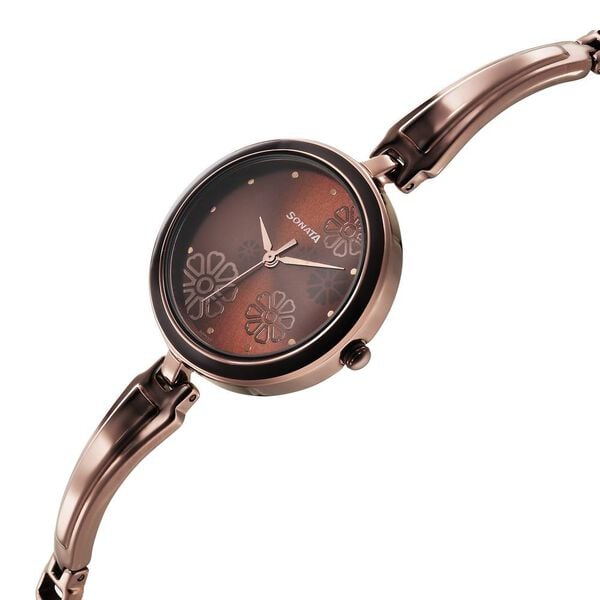 Sonata 8166QM01 Analog Quartz Women Watch with Brown Dial & Brown Metal Strap