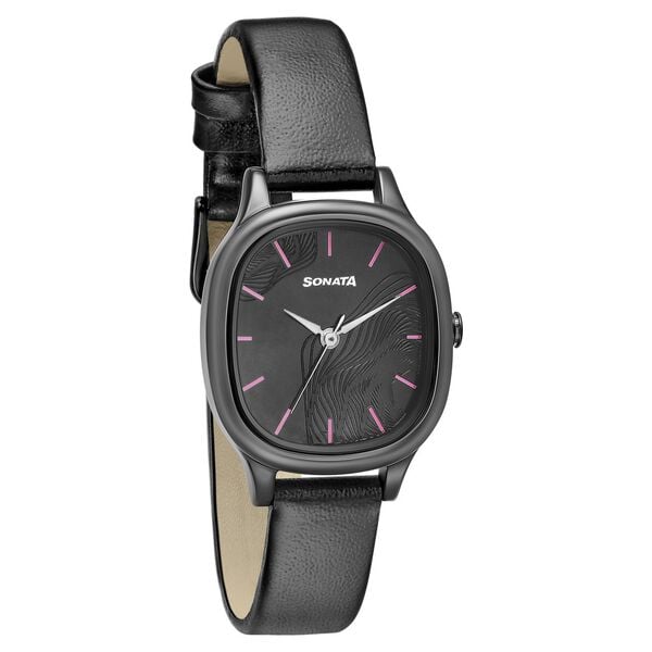 Sonata 8173NL01 Analog Quartz Women Watch with Black Dial & Black Leather Strap