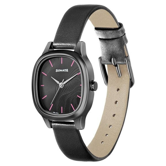 Sonata 8173NL01 Analog Quartz Women Watch with Black Dial & Black Leather Strap