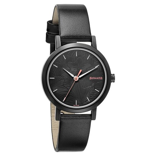 Sonata 8174NL01 Analog Quartz Women Watch with Black Dial & Black Leather Strap