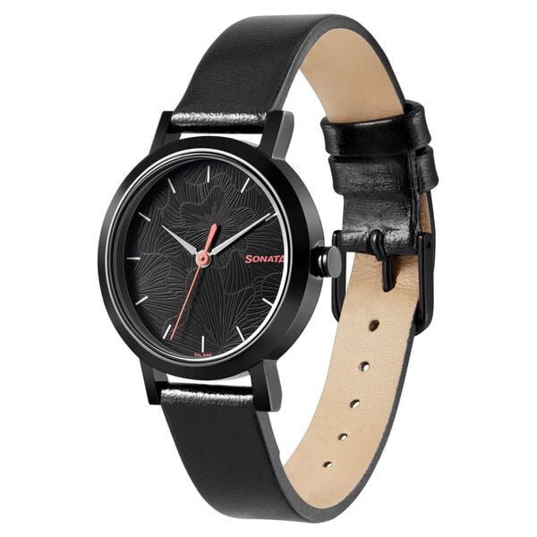 Sonata 8174NL01 Analog Quartz Women Watch with Black Dial & Black Leather Strap