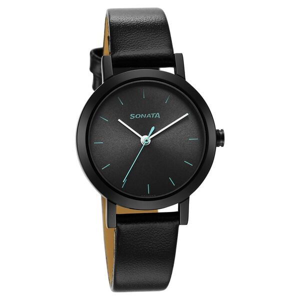 Sonata 8174NL02 Analog Quartz Women Watch with Black Dial & Black Leather Strap