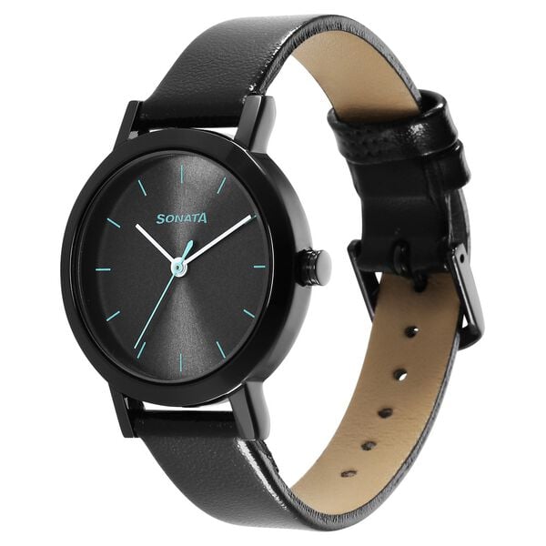 Sonata 8174NL02 Analog Quartz Women Watch with Black Dial & Black Leather Strap