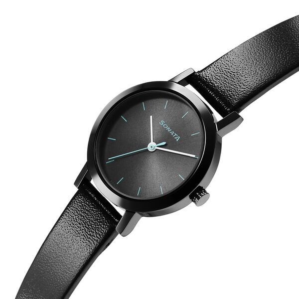 Sonata 8174NL02 Analog Quartz Women Watch with Black Dial & Black Leather Strap