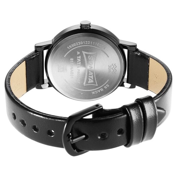 Sonata 8174NL02 Analog Quartz Women Watch with Black Dial & Black Leather Strap