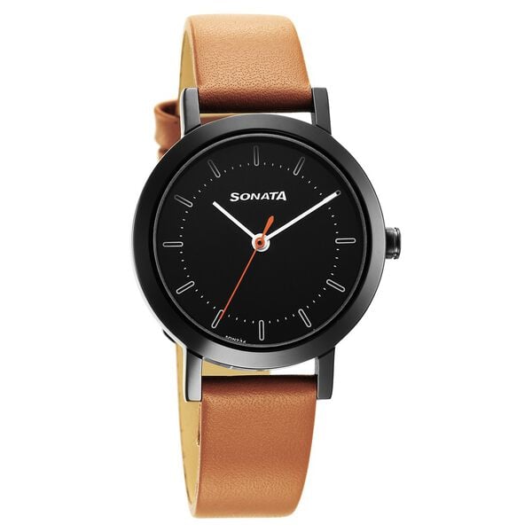 Sonata 8174NL03 Womens Black Dial Brown Leather Analog Watch