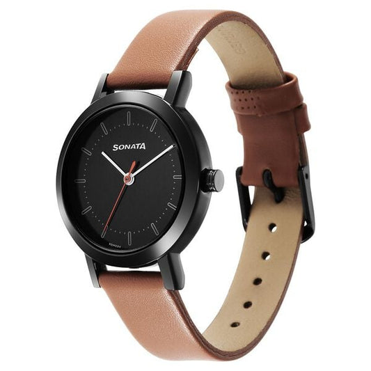 Sonata 8174NL03 Essentials Quartz Analog Black Dial Brown Leather Strap Watch for Women