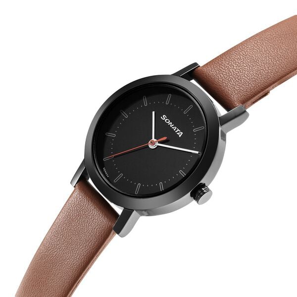 Sonata 8174NL03 Womens Black Dial Brown Leather Analog Watch