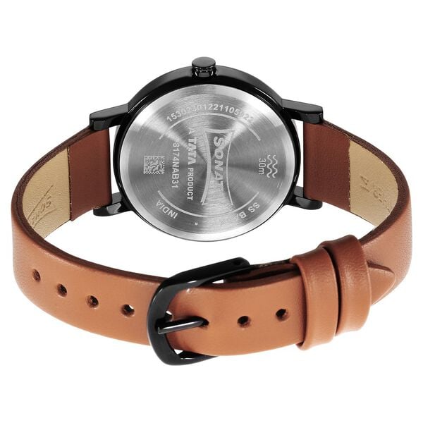 Sonata 8174NL03 Essentials Quartz Analog Black Dial Brown Leather Strap Watch for Women