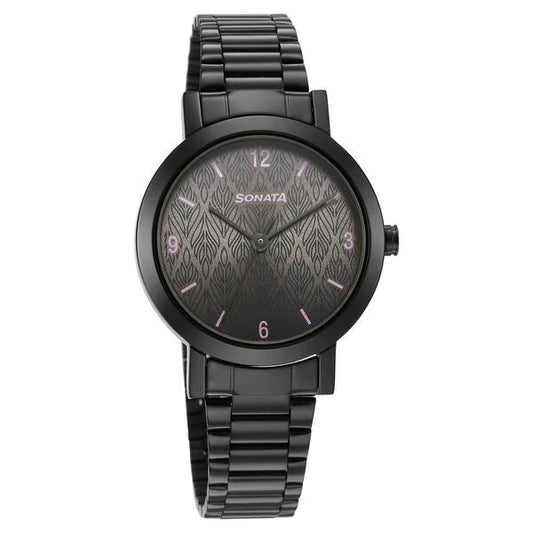 Sonata 8174NM01 Essentials Quartz Analog Grey Dial Black Stainless Steel Strap Women's Watch