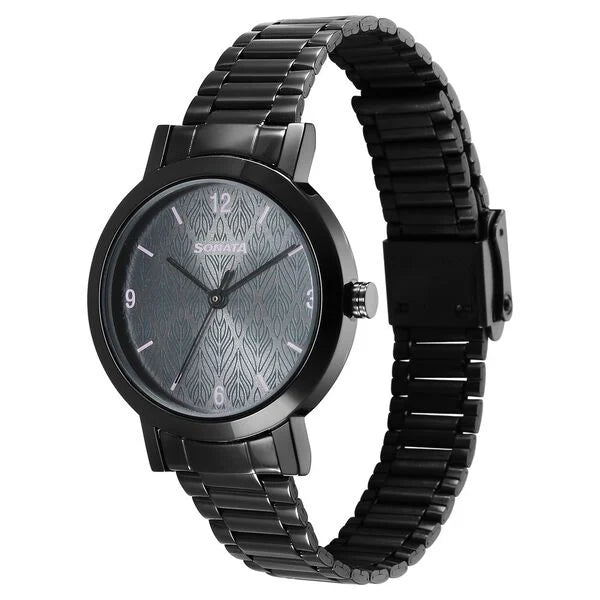 Sonata 8174NM01 Essentials Quartz Analog Grey Dial Black Stainless Steel Strap Women's Watch
