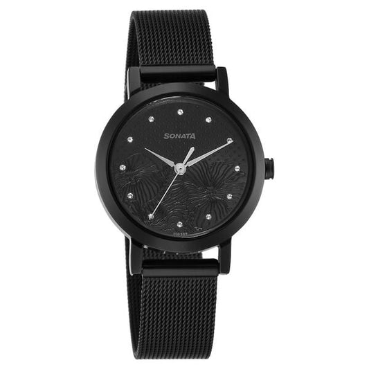 Sonata 8174NM02 Women Quartz Black Dial Stainless Steel Bracelet Watch