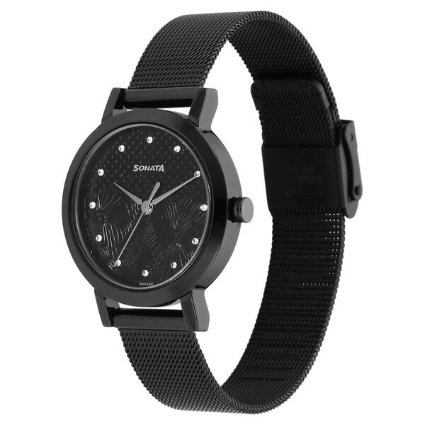 Sonata 8174NM02 Women Quartz Black Dial Stainless Steel Bracelet Watch