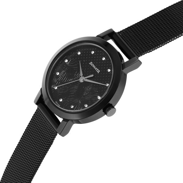 Sonata 8174NM02 Women Quartz Black Dial Stainless Steel Bracelet Watch