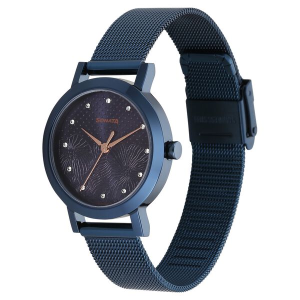 Sonata 8174QM01 Women Quartz Analog Blue Dial Stainless Steel Watch
