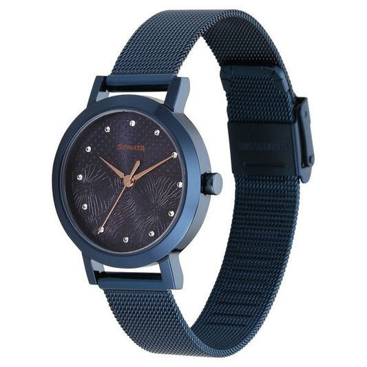 Sonata 8174QM01 Women Quartz Analog Blue Dial Stainless Steel Watch