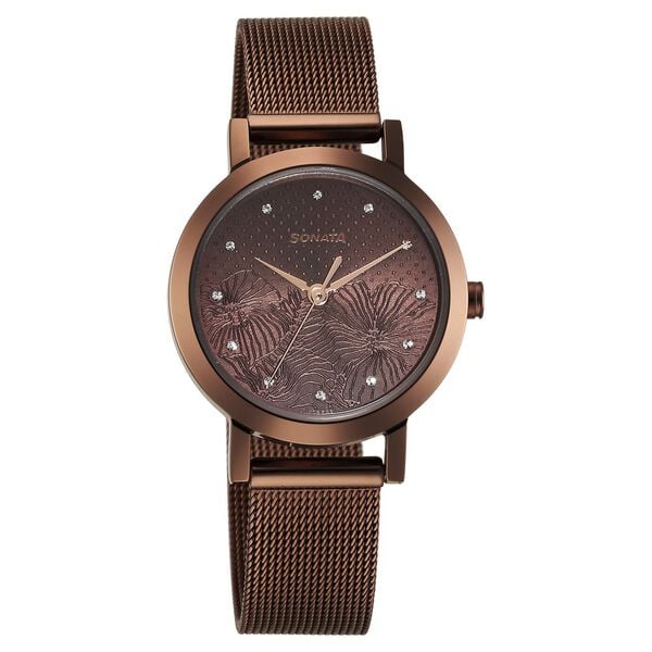 Sonata 8174QM02 Women Quartz Analog Brown Dial Stainless Steel Strap Watch