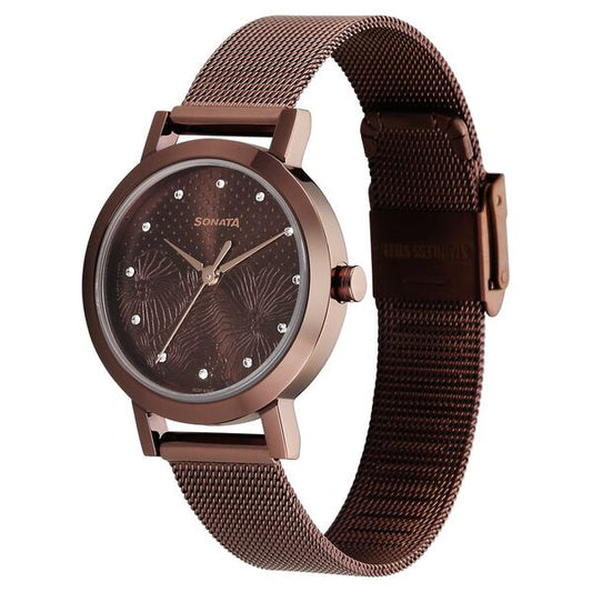 Sonata 8174QM02 Women Quartz Analog Brown Dial Stainless Steel Strap Watch