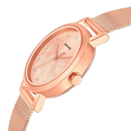 Sonata 8174WM02 Linnea Quartz Analog Rose Gold Dial Rose Gold Stainless Steel Strap Women's Watch