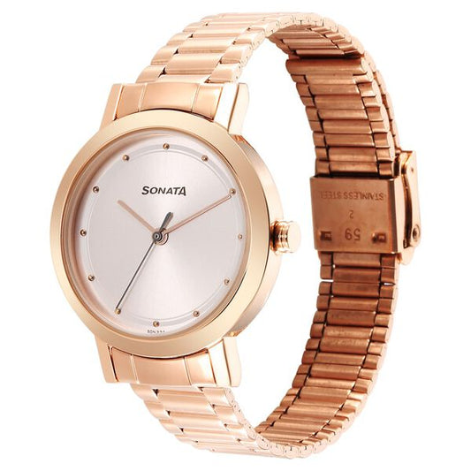 Sonata Essentials 8174WM03 Quartz Analog Pink Dial Rose Gold Stainless Steel Strap Women’s Watch