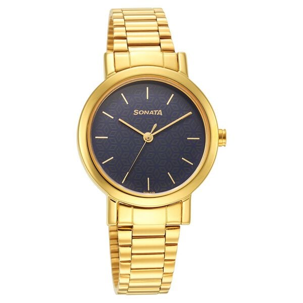 Sonata 8174YM04 Quartz Analog Blue Dial Women’s Watch with Yellow Stainless Steel Strap