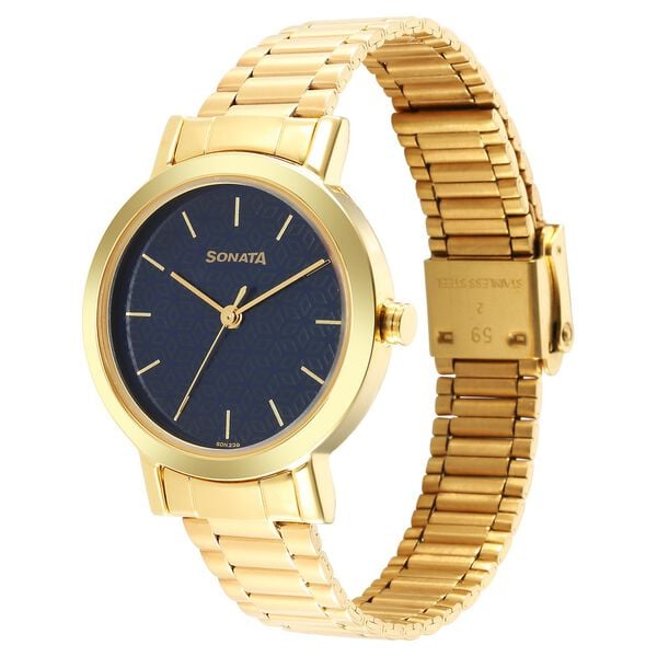 Sonata 8174YM04 Quartz Analog Blue Dial Women’s Watch with Yellow Stainless Steel Strap