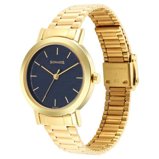 Sonata 8174YM04 Quartz Analog Blue Dial Women’s Watch with Yellow Stainless Steel Strap