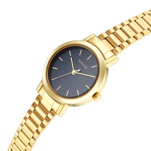 Sonata 8174YM04 Quartz Analog Blue Dial Women’s Watch with Yellow Stainless Steel Strap