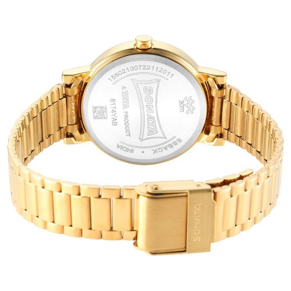 Sonata 8174YM04 Quartz Analog Blue Dial Women’s Watch with Yellow Stainless Steel Strap