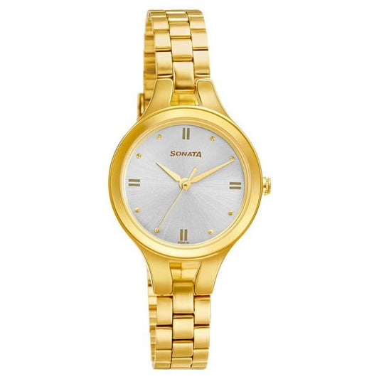 Sonata 8176YM01 Women’s Silver Dial Gold Stainless Steel Analog Quartz Watch