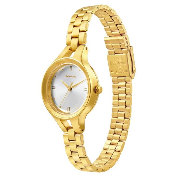Sonata 8176YM01 Women’s Silver Dial Gold Stainless Steel Analog Quartz Watch