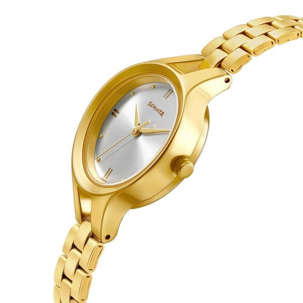 Sonata 8176YM01 Women’s Silver Dial Gold Stainless Steel Analog Quartz Watch