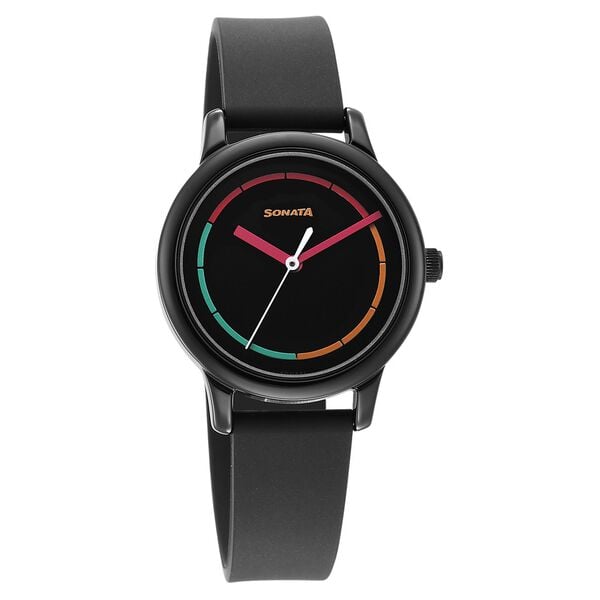 Sonata 8178NP01 women’s watch front view black dial