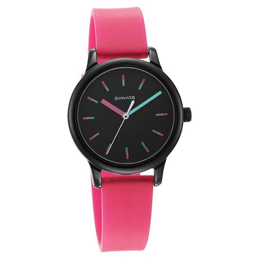 Sonata 8178NP02 Quartz Analog Black Dial Women’s Watch with Pink Plastic Strap