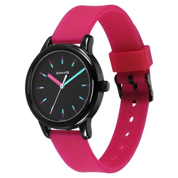 Sonata 8178NP02 Quartz Analog Black Dial Women’s Watch with Pink Plastic Strap