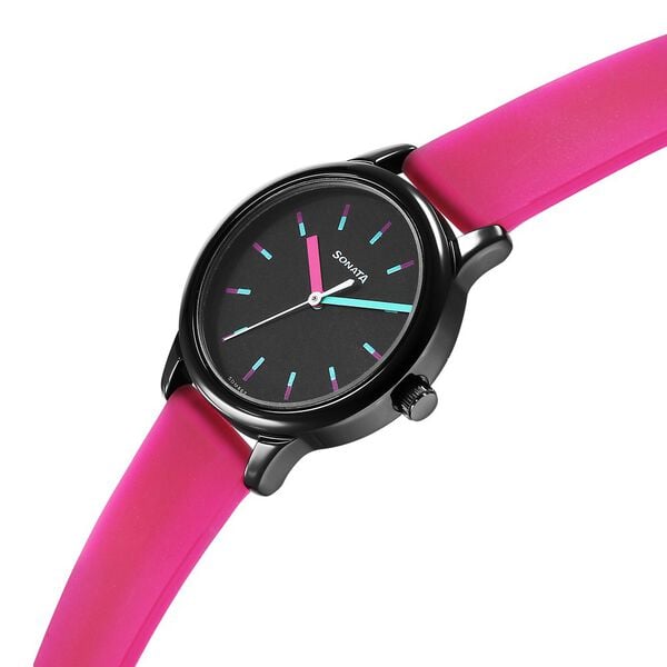 Sonata 8178NP02 Quartz Analog Black Dial Women’s Watch with Pink Plastic Strap
