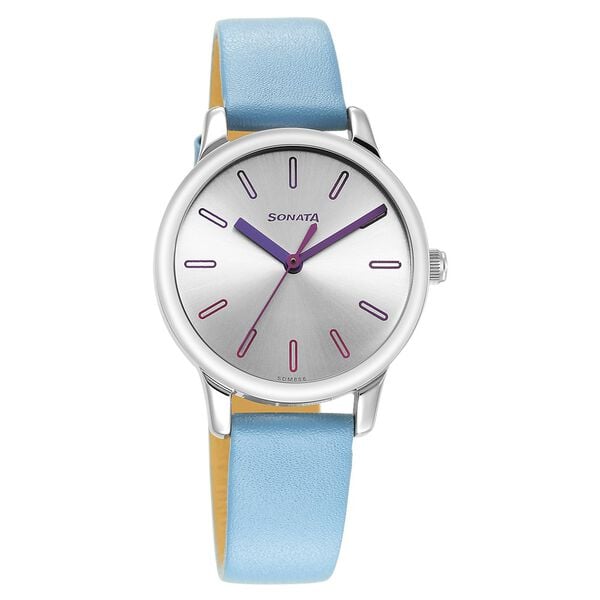 Sonata 8178SL01 Splash Quartz Analog Silver Dial Blue Leather Strap Watch for Women