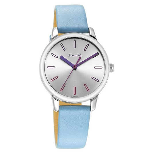 Sonata 8178SL01 Splash Quartz Analog Silver Dial Blue Leather Strap Watch for Women