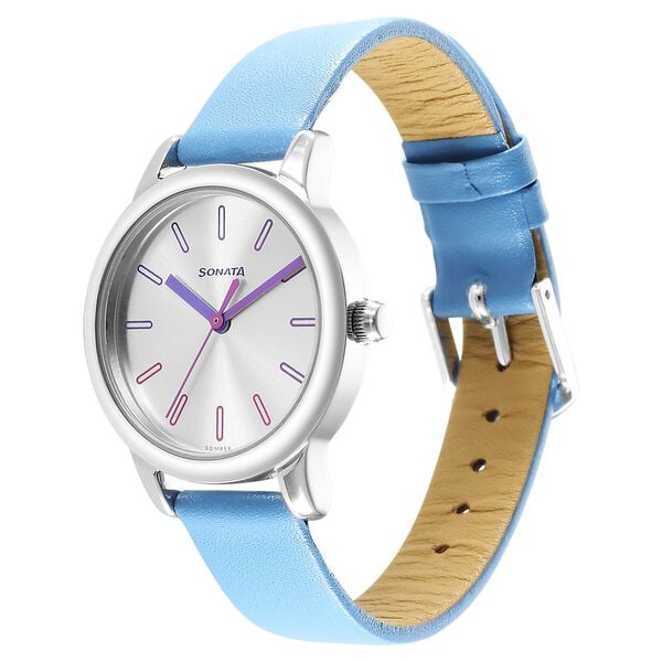 Sonata 8178SL01 Splash Quartz Analog Silver Dial Blue Leather Strap Watch for Women