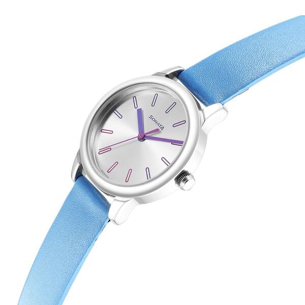 Sonata 8178SL01 Splash Quartz Analog Silver Dial Blue Leather Strap Watch for Women