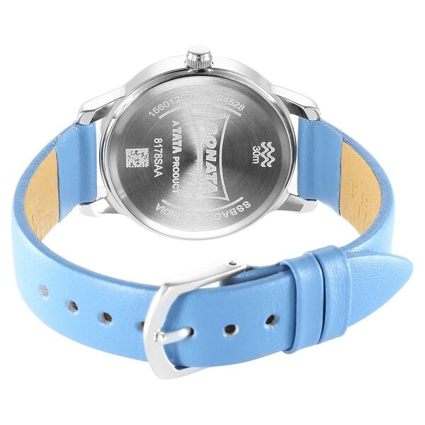 Sonata 8178SL01 Splash Quartz Analog Silver Dial Blue Leather Strap Watch for Women