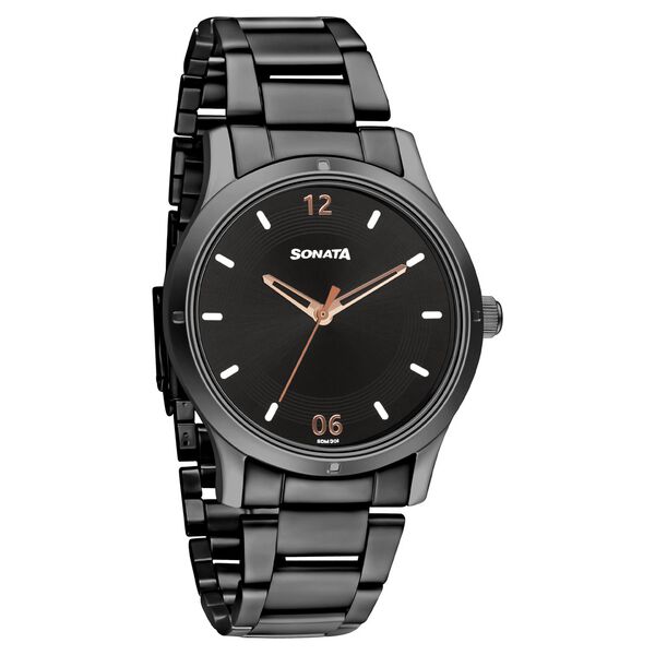 Sonata 8183NM02 Women “Women of Steel” Quartz Black Dial Black Stainless Steel Watch