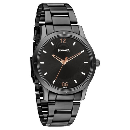 Sonata 8183NM02 Women “Women of Steel” Quartz Black Dial Black Stainless Steel Watch