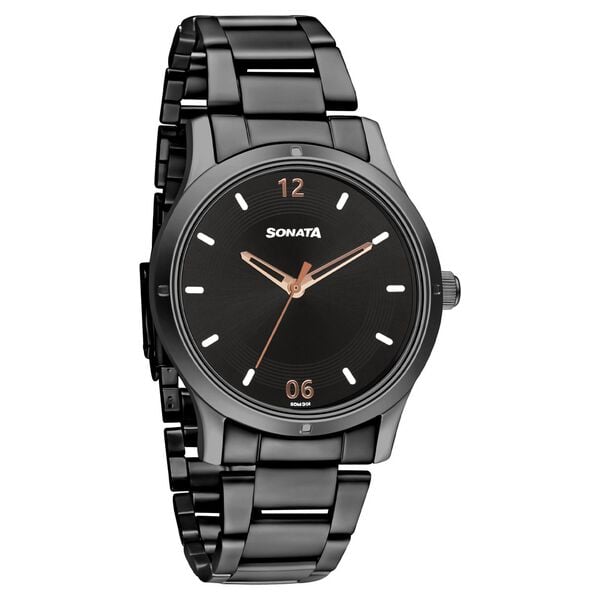 Sonata 8183NM02 Analog Quartz Women Watch with Black Dial and Black Stainless Steel Strap