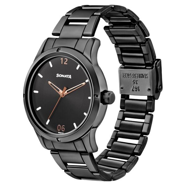 Sonata 8183NM02 Women “Women of Steel” Quartz Black Dial Black Stainless Steel Watch