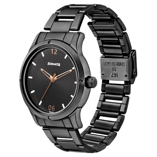 Sonata 8183NM02 Women “Women of Steel” Quartz Black Dial Black Stainless Steel Watch