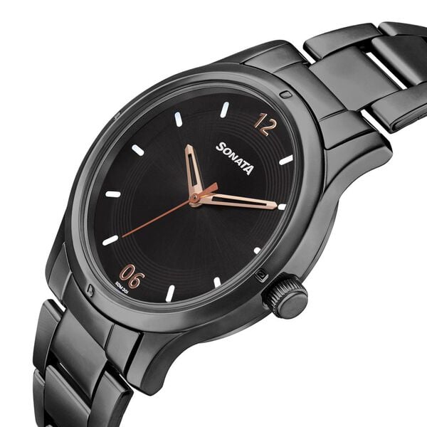 Sonata 8183NM02 Analog Quartz Women Watch with Black Dial and Black Stainless Steel Strap